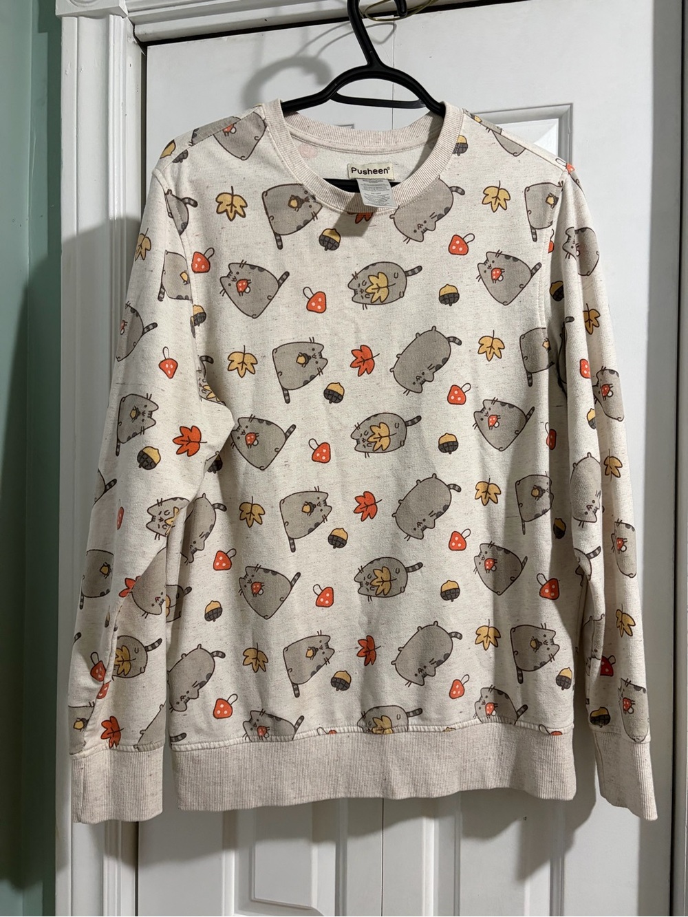 Pusheen Cream Crewneck Sweatshirt with Autumn Cat Print